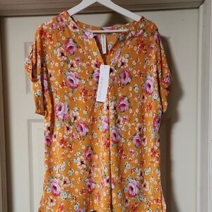 NWT Dear Scarlett Floral Blouse XL | Bright Orange Short Sleeve Top